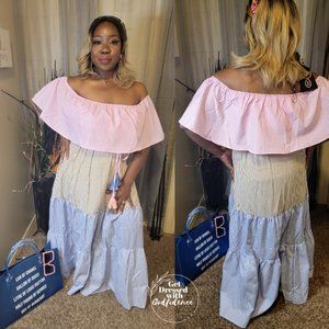 Multi Colored Striped Color-block  Off-shoulder Maxi Dress